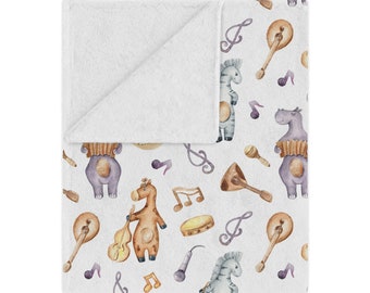 Musical Animals Blanket, Animals Playing Instruments Soft & Plush Polyester Minky Blanket, Gender Neutral Music Nursery Blanket