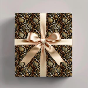 May include: A gift box wrapped in a black and gold snake skin pattern paper with a large satin bow.