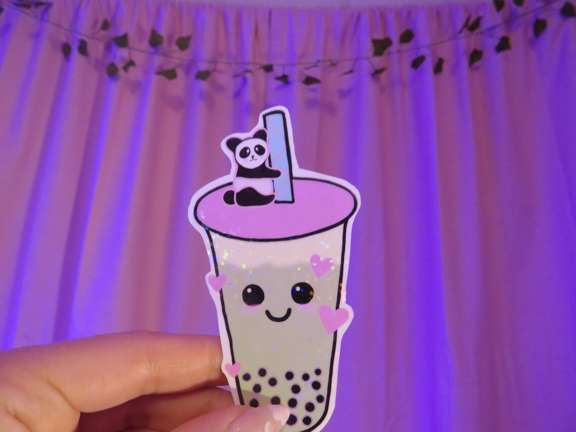 Kawaii Matcha Green Bubble Tea With Panda Holographic Vinyl Etsy