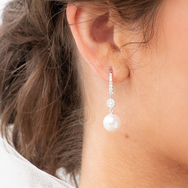 Bruidsparel drop oorbellen en ketting | Diamante en parel klassieke bijpassende set voor bruid | Trouwdag sieraden