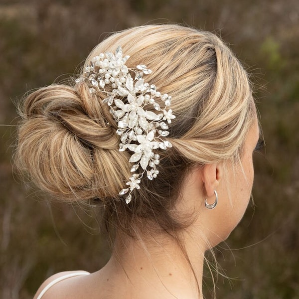 EMMY | Bridal Pearl and Crystal Hair Piece | Large Head Piece for Wedding Day | Bride Hair Comb