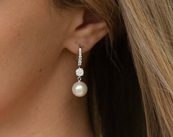 Bridal Diamante and Pearl Drop Earrings | Hook Earrings for Bride | Classic Wedding Day Jewellery