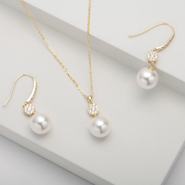 Pearl and CZ Drop Earrings and Necklace | Pearl Jewellery for Bride | Classic Wedding Day Bridal Jewellery