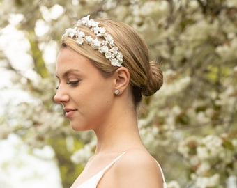 Zweireihiges Blumen-Stirnband aus Ton | Elfenbein Blumen Haarschmuck | Hochzeit Kopfschmuck