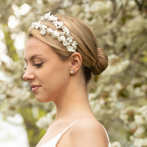 Diadema nupcial floral de arcilla de doble fila / Pieza de pelo de flor de marfil / Tocado de boda