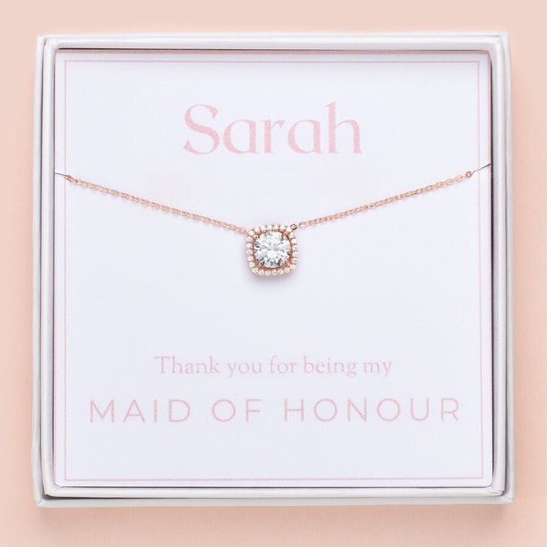 Maid of Honour Thank You Gift for Wedding Day | Rose Gold CZ Bridesmaid Necklace and Earring Set