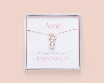 Bridesmaid Thank You Gift for Wedding Day | Rose Gold Pearl Bridesmaid Necklace and Earring Set