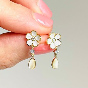 Ivory and Gold Flower Drop Earrings Bridesmaid or Flower Girl Jewellery Pretty Enamel Floral Earrings Flower Jewellery image 6