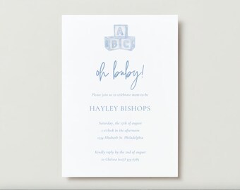 EDITIERBARE Blaue Blöcke Babyparty Einladung, Babyparty-Baby Blau Aquarell Blöcke Minimalistische Babyparty Digitale Vorlage