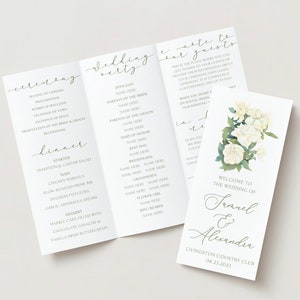 May include: A wedding ceremony programme with white flowers and green leaves. The programme includes the order of events for the ceremony and dinner, as well as the names of the wedding party. The programme also includes the names of the bride and groom, Samuel and Alexandra, and the date of the wedding, 23 June 2023.