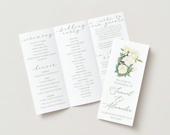 Plantilla de programa de bodas, programas de bodas elegantes, programas de bodas en acuarela, tarjetas del programa de ceremonia de la cresta de la boda