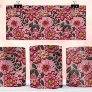 Bestickte Blumen Becher Wrap, 11 Unzen und 15 Unzen Becher Sublimation Design, 3D Blumen Becher Wrap, Stickerei Blumen, 11 Unzen Becher Png, 15 Unzen Becher PNG