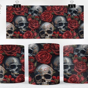Geborduurde bloemen schedels mok Wrap, 11oz en 15 Oz mok sublimatie ontwerp, 3D mok wrap, borduurwerk schedel rozen, 11oz mok Png, 15oz mok PNG