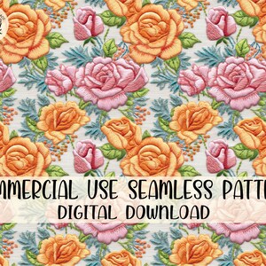Seamless Embroidery File, Colorful Floral Embroidery, Roses Embroidered Seamless Pattern, Repeating Pattern, Floral Seamless Pattern
