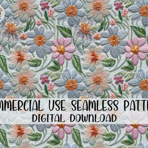Seamless Embroidery File, Colorful Floral Embroidery, Blue Florals Embroidered Seamless Pattern, Repeating Pattern, Floral Seamless Pattern