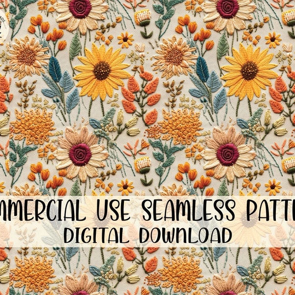 Embroidery Seamless File, Colorful Floral Embroidery, Wildflower Embroidered Seamless Pattern, Repeating Pattern, Floral Seamless Pattern