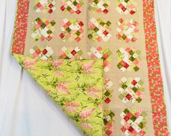 Full / Double Sized Spring Floral Quilt (Lilacs, Lilly of the Valley, and Butterflies) in Green and Pink
