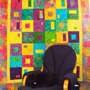 Full or Double Sized Quilt in Turquoise, Magenta, Yellow, and Green 62 x 74 inches - Quilt Top or Quilted