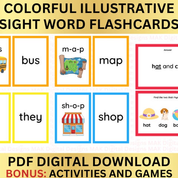Colorful Illustrative Sight Word Flash Cards Printable PDF, Preschool Kindergarten Sight Words, Spelling, Educational Tool for Kids