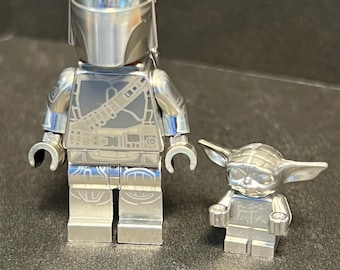 Chrome Lego Mandalorian and Grogu Minifigs - Custom collectible.