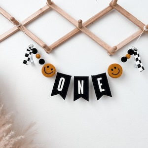 1st birthday high chair banner | one happy dude | one cool dude | Smiley birthday | Black and white checkered decor | Smash cake banner |