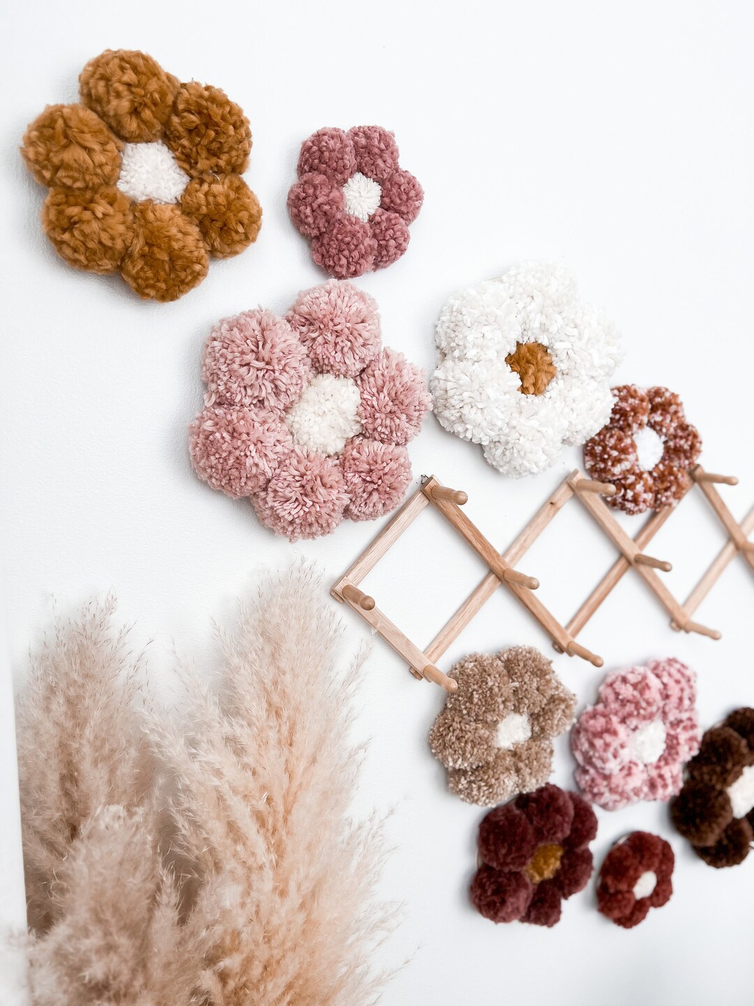 Image showcasing Pom Pom Flower | Boho Nursery Wall Decor | Pom Pom Daisy Wall Hanging ...
