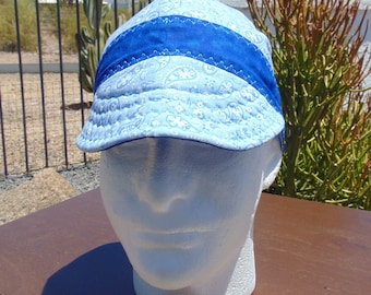 Ocean Deep - Blue Paisley Print Reverses to a Deep Blended Blue Cotton Welding Cap-Biker Hat