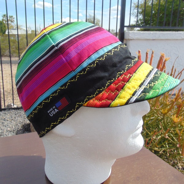 Poncho -- Southwest Colors in a Serape Stripe Print Reversible to Black with Yellow Decorative Stitching