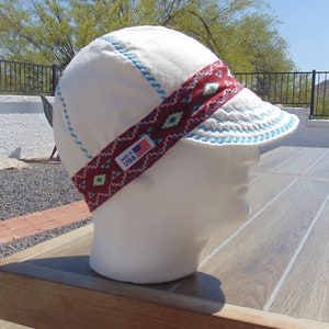 Pueblo -- Southwest Print Band Cream Beanie Reversible with Turquoise Decorative Stitching on the Crown