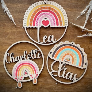 Targhetta in legno personalizzata | Targa per porta | Cartello in legno bambini bebè | Regalo nascita battesimo compleanno | Boho Arcobaleno | Arcobaleno