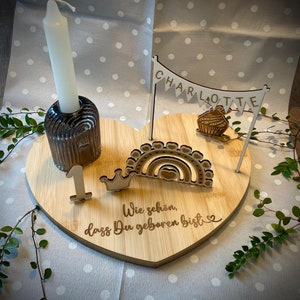 Personalized wooden heart-shaped birthday plate with vase & candle | Birthday train | Birthday wreath | Baby gift | Godchild