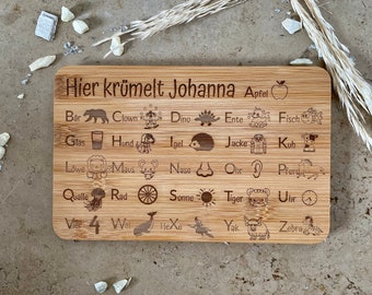 Bamboe ontbijtplank voor kinderen | Alfabet | ABC | Inschrijving | Bord gepersonaliseerd | Verjaardagscadeau | Gravure van houten planken