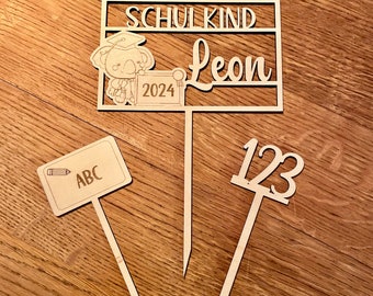 Cake Topper Schulkind 2024 Set | Caketopper ABC 123 aus Holz | Kuchenstecker Einschulung | Tiermotiv | personalisiert mit Namen