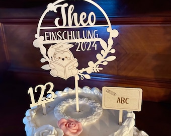 Cake Topper École Enfant 2024 Ensemble | Décoration de gâteau ABC 123 en bois | Inscription scolaire de prise de gâteau | Motif animalier | personnalisé avec nom