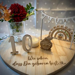 Personalized wooden heart-shaped birthday plate with vase & candle | Birthday train | Birthday wreath | Baby gift | Godchild