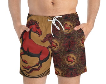 Ferrari Inspired Dark Horse Swim Trunk Shorts, Formula One Fan Merch, F1 Racing Swimwear