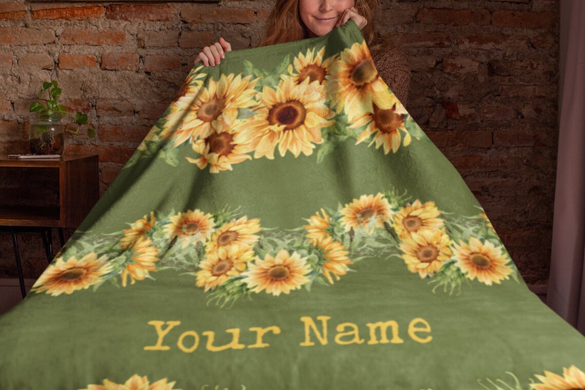 Sunflowers Fleece Throw Blanket Custom Personalized Green Etsy