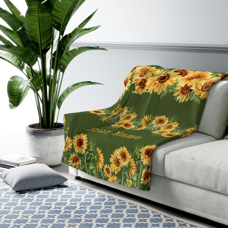 Sunflowers Fleece Throw Blanket Custom Personalized Green Etsy