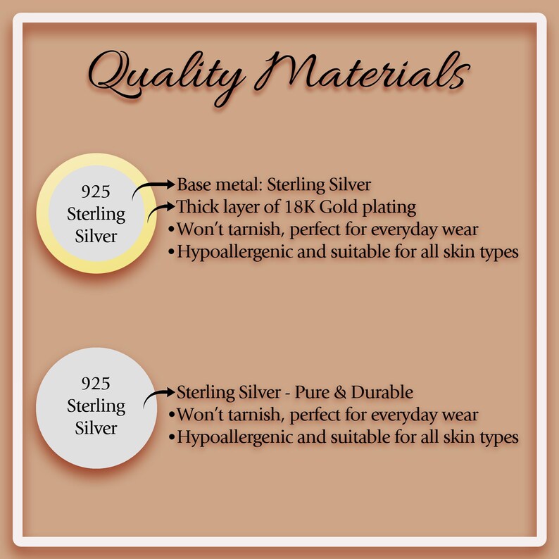 K&ouml;nnte beinhalten: Ein Bild mit dem Text "Quality Materials" oben. Zwei Kreise mit dem Text "925 Sterling Silver" werden gezeigt. Der Text beschreibt das Basismetall als Sterlingsilber mit einer dicken Schicht aus 18K Gold.