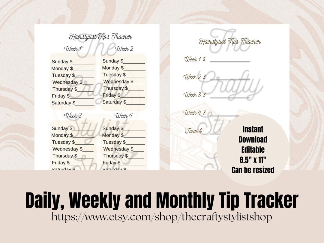 Printable Tip Tracker Work Sheet for Hair Stylist Income - Etsy
