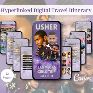 May include: A digital travel itinerary for a Las Vegas girls trip, featuring a collage of Usher's photos, with the text "Las Vegas Girls Trip July 11-13" and "12 Pages!" on the cover.