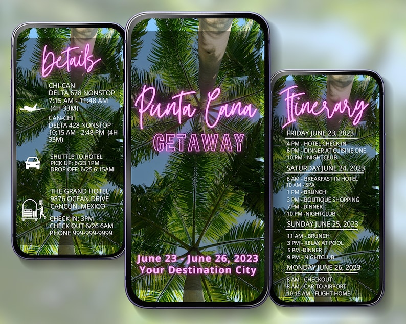 May include: A digital itinerary for a trip to Punta Cana, Dominican Republic. The itinerary includes details for a 4-day trip, from Friday, June 23rd to Monday, June 26th, 2023. The itinerary includes activities such as hotel check-in, dinner, spa, brunch, shopping, and relaxing at the pool.