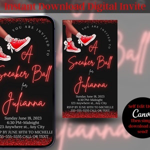 INVITACIÓN A BAILE DE ZAPATILLAS Plantilla de invitación de descarga instantánea Invitación a baile de zapatillas Plantilla de Canva editable Volante de gala de zapatillas Fiesta de cumpleaños
