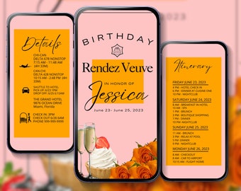 Invitation d'anniversaire RENDEZ VEUVE, itinéraire numérique, invitation de voyage, rose et orange