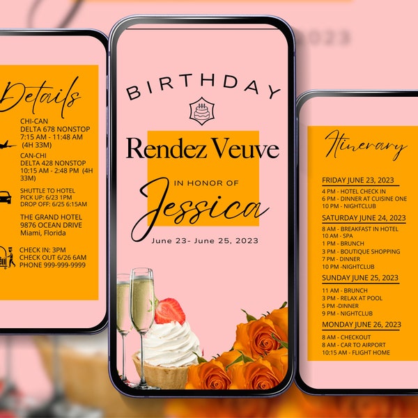 RENDEZ VEUVE BIRTHDAY Invitation Digital Itinerary Mobile Birthday Trip Invitation Pink and Orange Invite