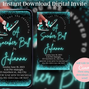 INVITACIÓN DE BAILE DE ZAPATILLAS Plantilla de invitación de descarga instantánea Invitación de baile de zapatillas Plantilla editable de Canva Volante de gala de zapatillas Fiesta de cumpleaños