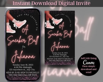 Puede incluir: Una invitación digital para una fiesta "Sneaker Ball" para Julianna. La invitación presenta un esquema de color rosa y negro con un par de zapatillas rosas y el texto "You are invited to a Sneaker Ball for Julianna". La invitación también incluye la fecha, la hora, la ubicación y la información de RSVP. El texto "Self Edit Using Canva" también está incluido en la invitación.