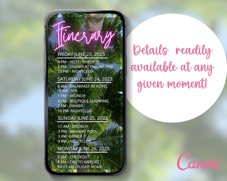 May include: A smartphone screen displaying a travel itinerary for a trip in June. The itinerary includes activities such as hotel check-in, spa treatments, shopping, dining, and nightclub visits. The text "Itinerary" is displayed in pink neon letters at the top of the screen.