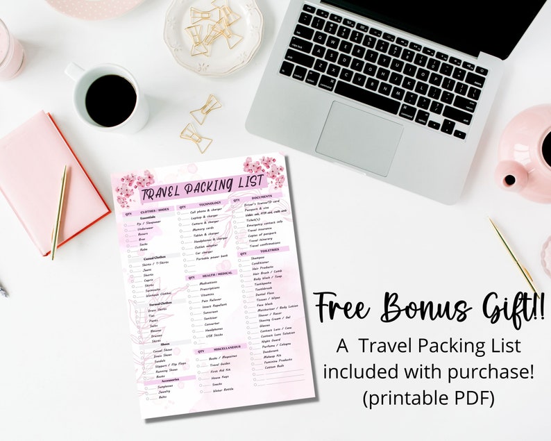 May include: A pink and white printable travel packing list with a floral design. The list includes categories for essentials, toiletries, clothing, shoes, accessories, documents, and health items. The text "Free Bonus Gift!! A Travel Packing List included with purchase! (printable PDF)" is at the bottom of the page.