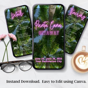 May include: A digital phone screen mockup with a pink neon text overlay that says "Punta Cana Getaway". The background is a photo of palm trees. The text on the screen says "June 23 - June 26, 2023 Your Destination City".